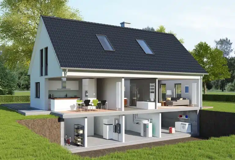 3D-Modell eines Hauses mit integrierten Mobilitätslösungen wie Treppenlift, Plattformlift und Hublift